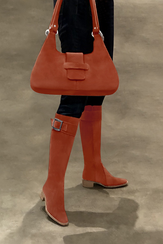 Terracotta orange women's riding knee-high boots. Round toe. Low leather soles. Made to measure. Top view - Florence KOOIJMAN